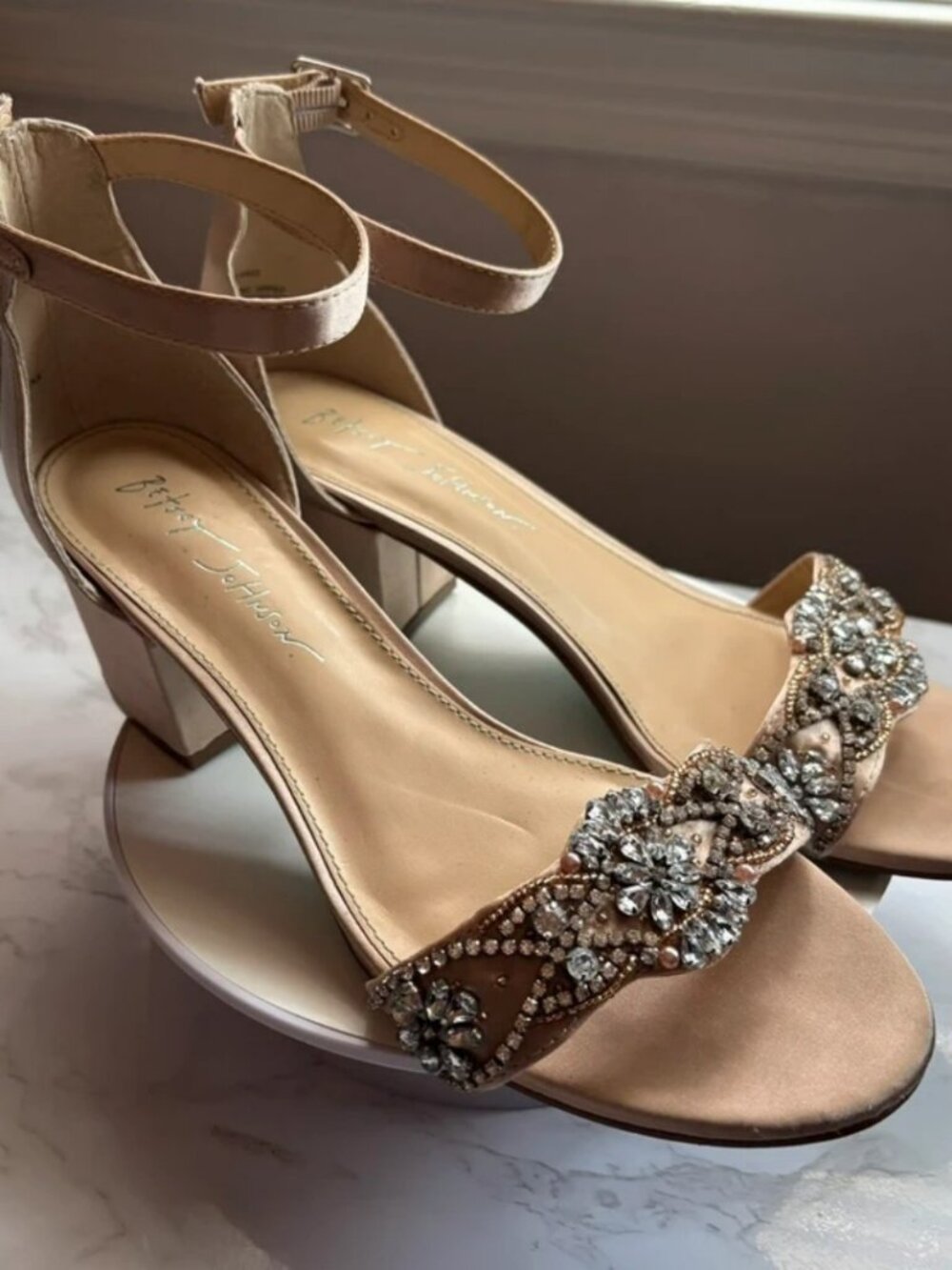 Betsey Johnson Embellished Satin Block Heel Sandals Size 8M